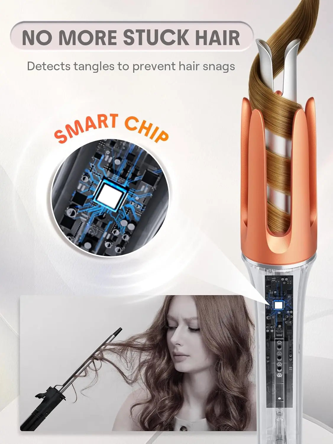 Hair straightener with smart chip technology to prevent hair snags, featuring a close-up of the chip and a woman with styled hair.