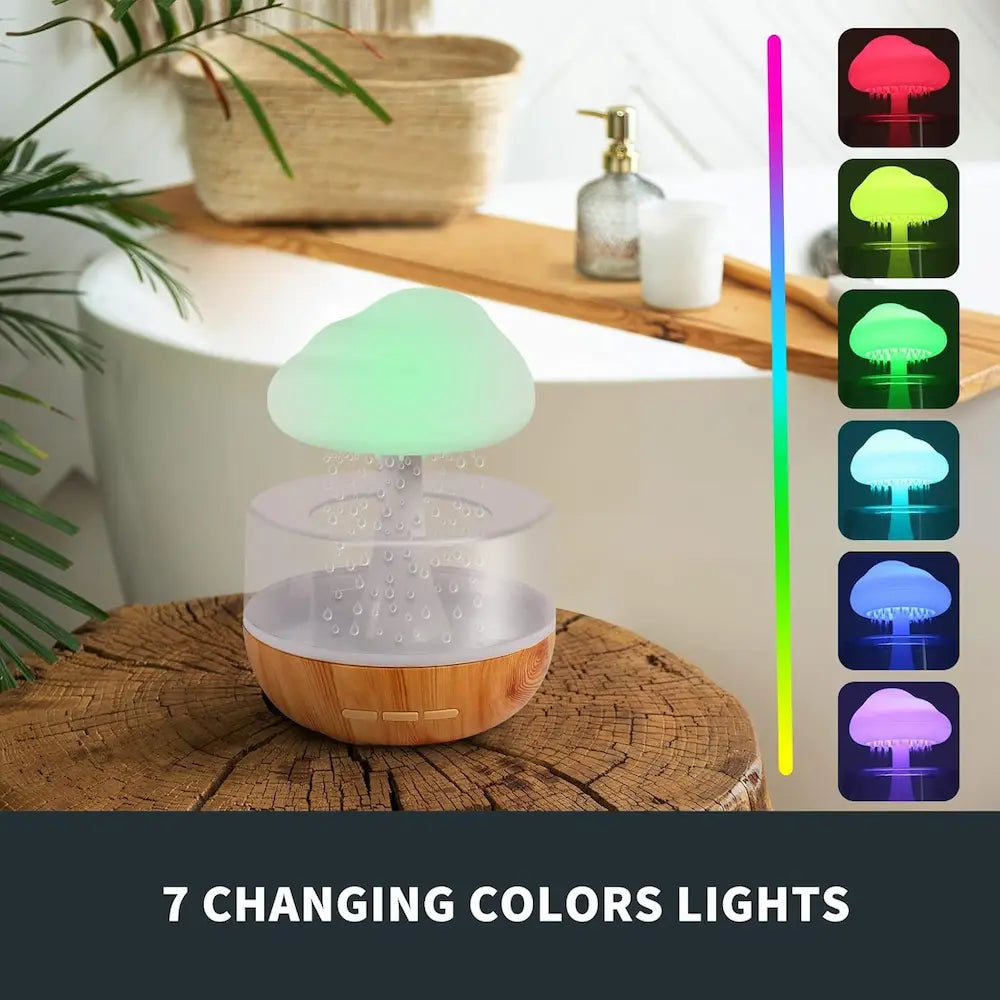 Mushroom-shaped LED light on a wooden surface with color-changing options displayed.