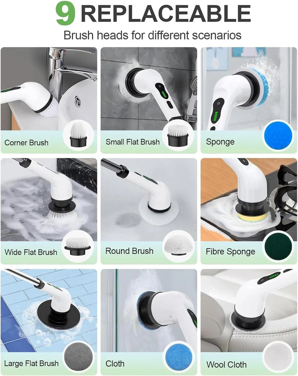 Various replaceable brush heads for a cleaning tool with images of their use.