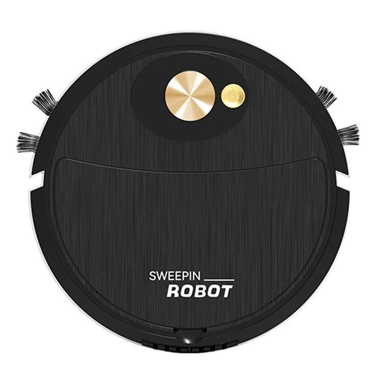 Black robot vacuum cleaner with gold accents on a white background