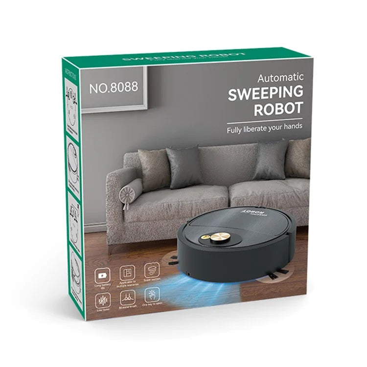 Box of an automatic sweeping robot with a couch in the background