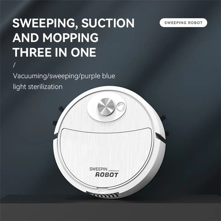 Robotic vacuum cleaner with text on a dark background