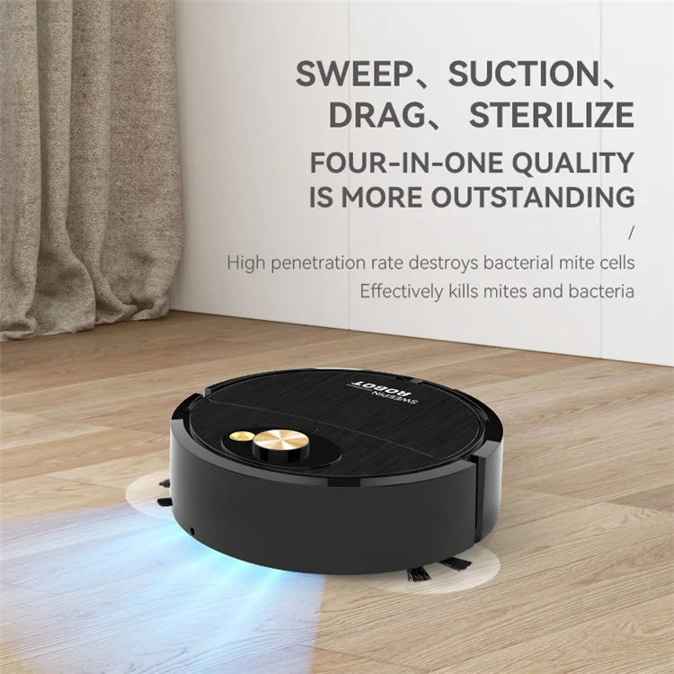 Robot vacuum cleaner on a wooden floor with text highlighting its features.