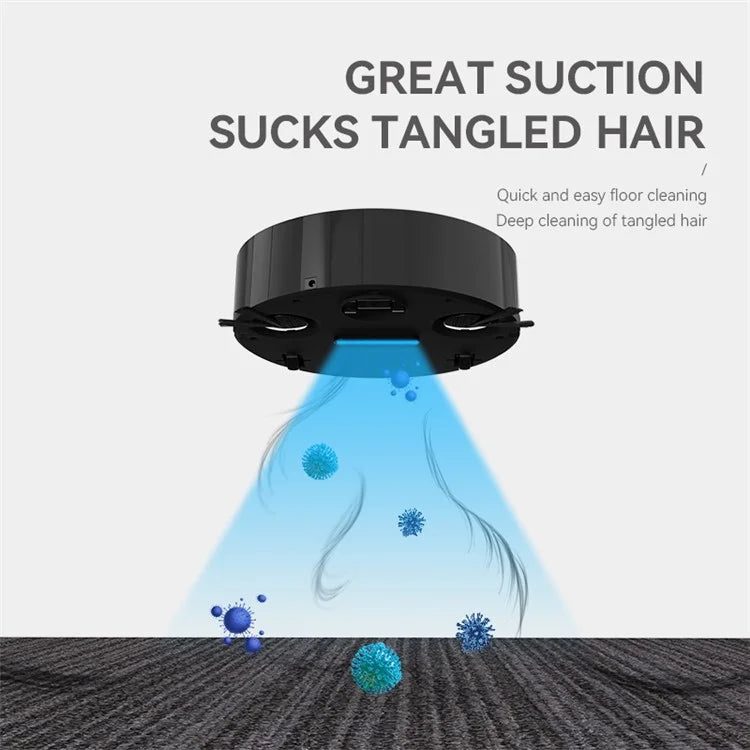 Robotic vacuum cleaner with text about great suction and hair cleaning on a white background