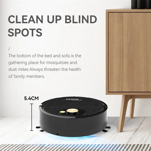 Robotic vacuum cleaner with text about cleaning blind spots in a room.
