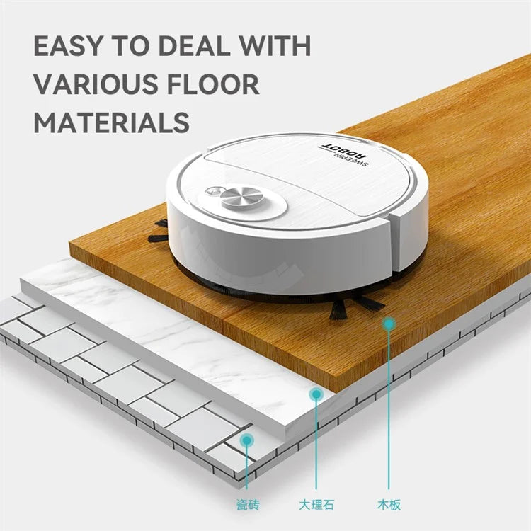 Robotic vacuum cleaner on a wooden floor with text indicating it handles various floor materials.