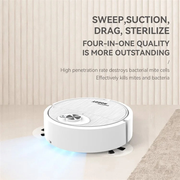 Robotic vacuum cleaner on a carpet with text highlighting its features.