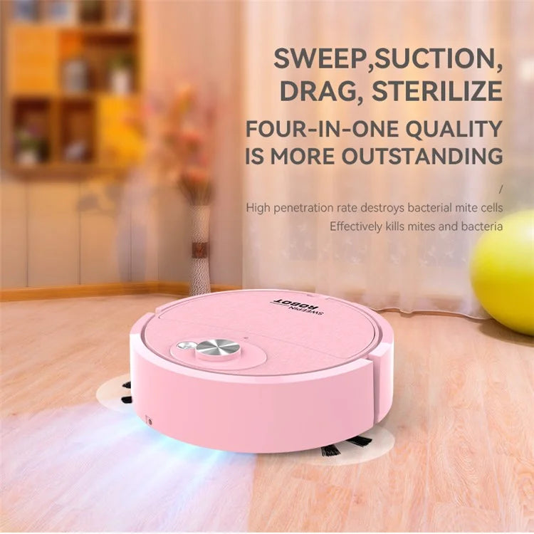 Pink robot vacuum cleaner on a wooden floor with text highlighting its features.