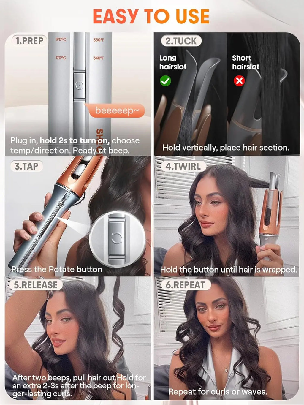 Hair styling tool with step-by-step instructions on how to use it.