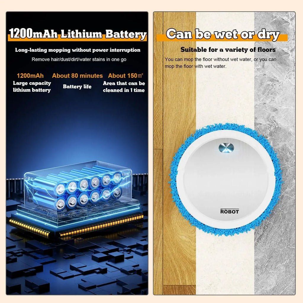 Product with 1200mAh lithium battery and cleaning capabilities on a wooden and stone floor.