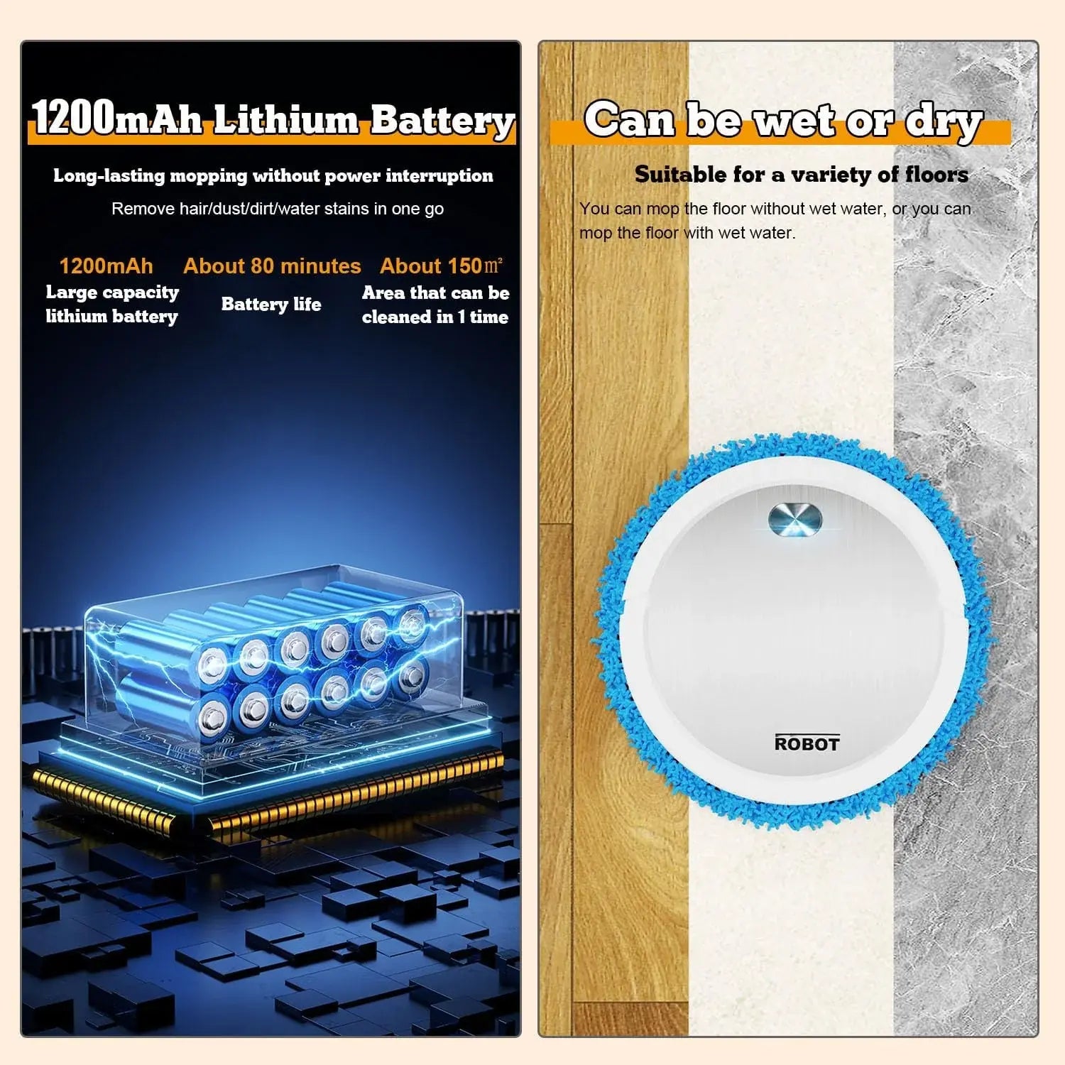 Product with 1200mAh lithium battery and cleaning capabilities on a wooden and stone floor.