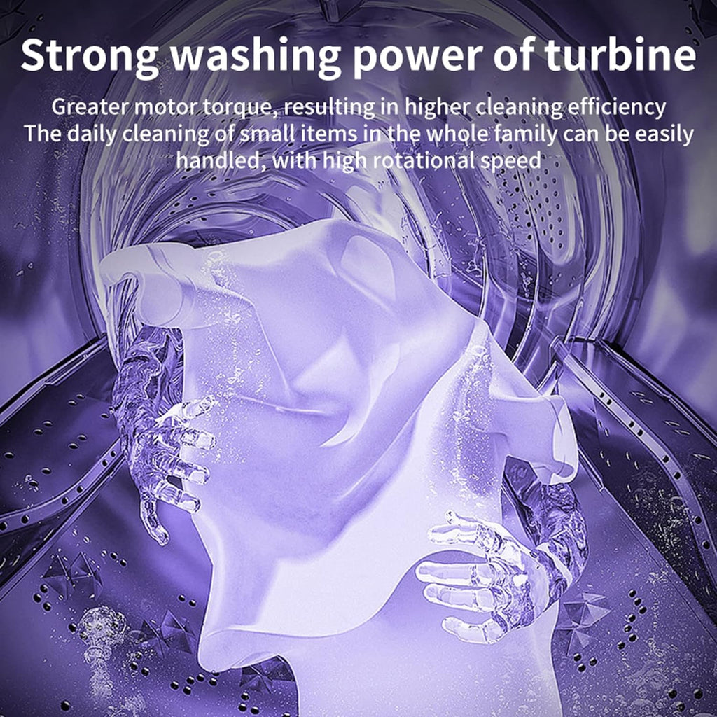 Washing machine interior with text highlighting strong washing power of turbine.