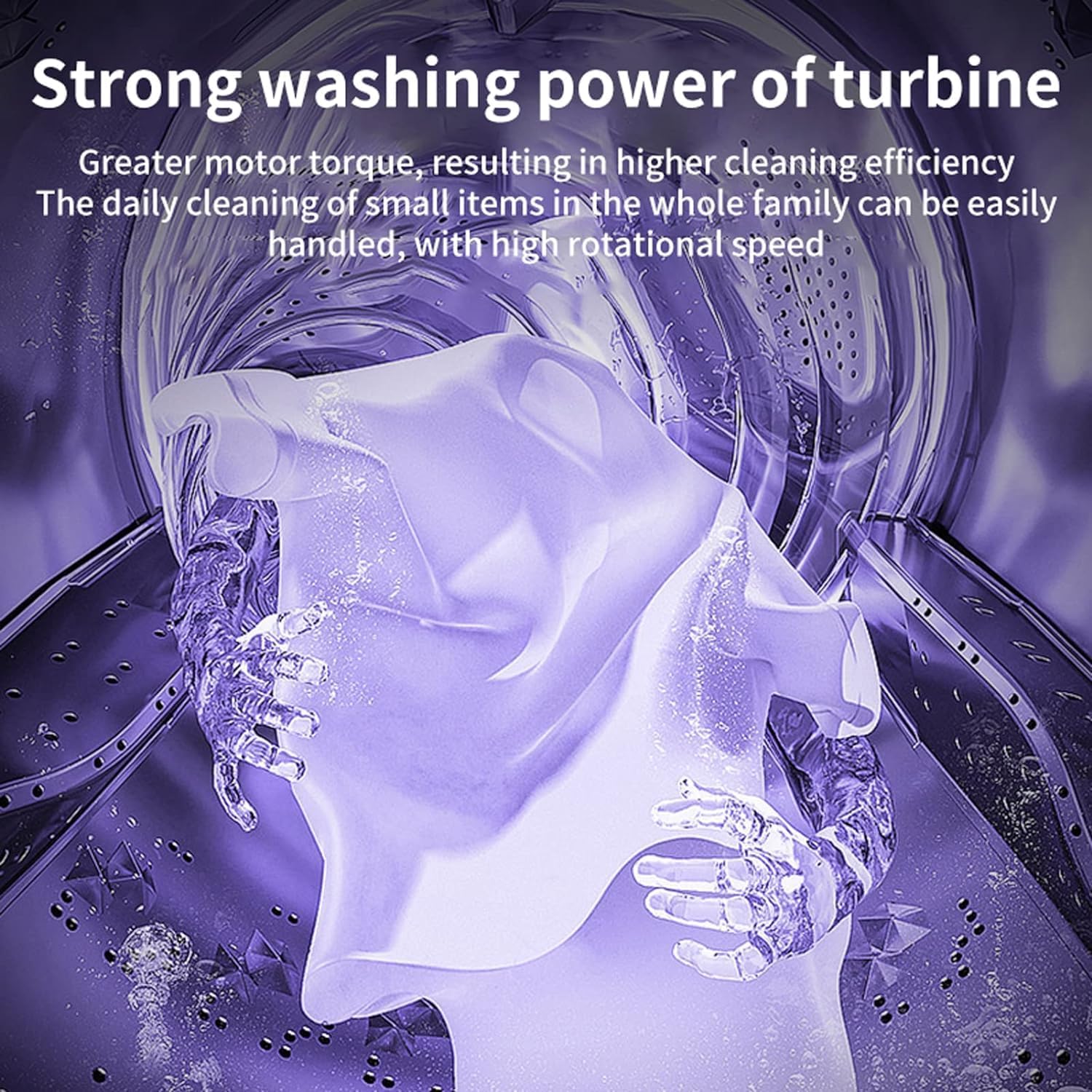 Washing machine interior with text highlighting strong washing power of turbine.