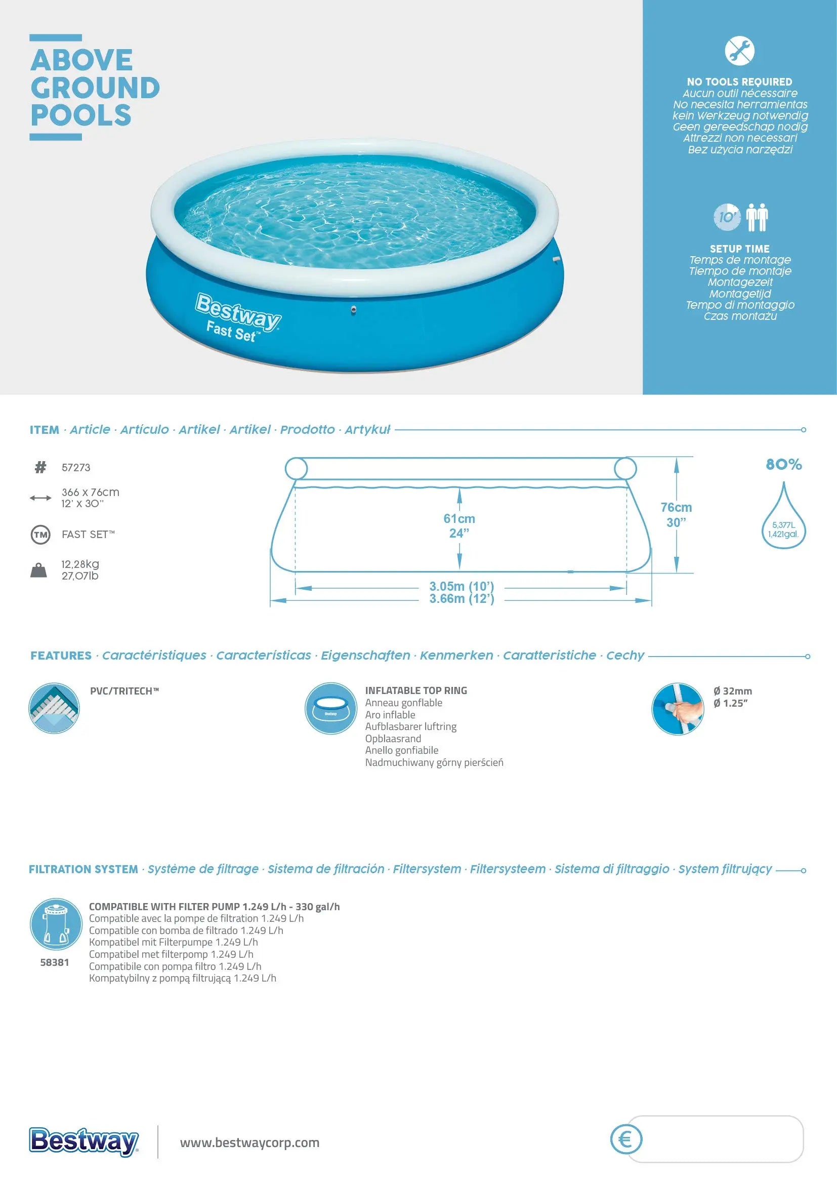 Bestway above ground pool with specifications and features on a white background