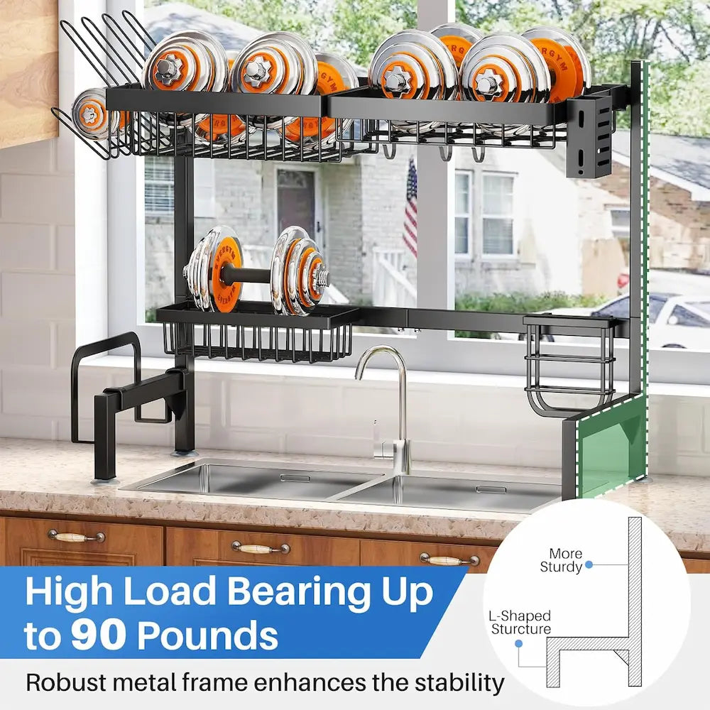 Kitchen dish drying rack with a robust metal frame, placed above a sink.