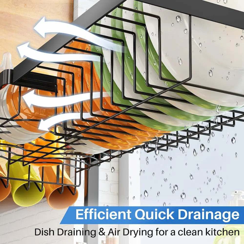 Dish drying rack with colorful dishes and text highlighting efficient quick drainage.