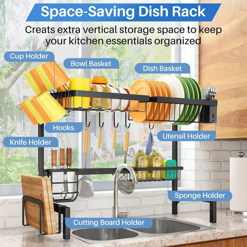 Space-saving dish rack with various compartments in a kitchen setting
