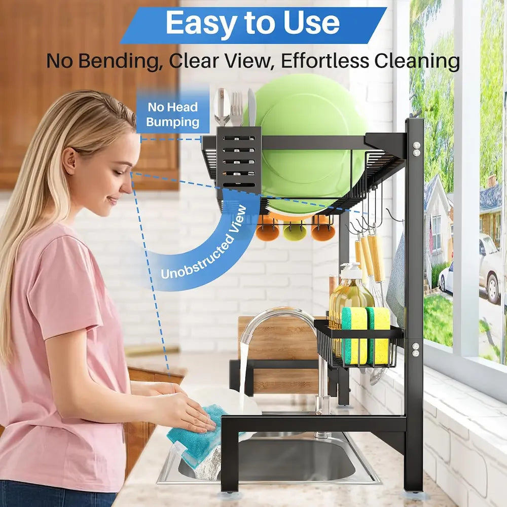 Woman using a kitchen sink caddy with a focus on ease of use and cleaning.