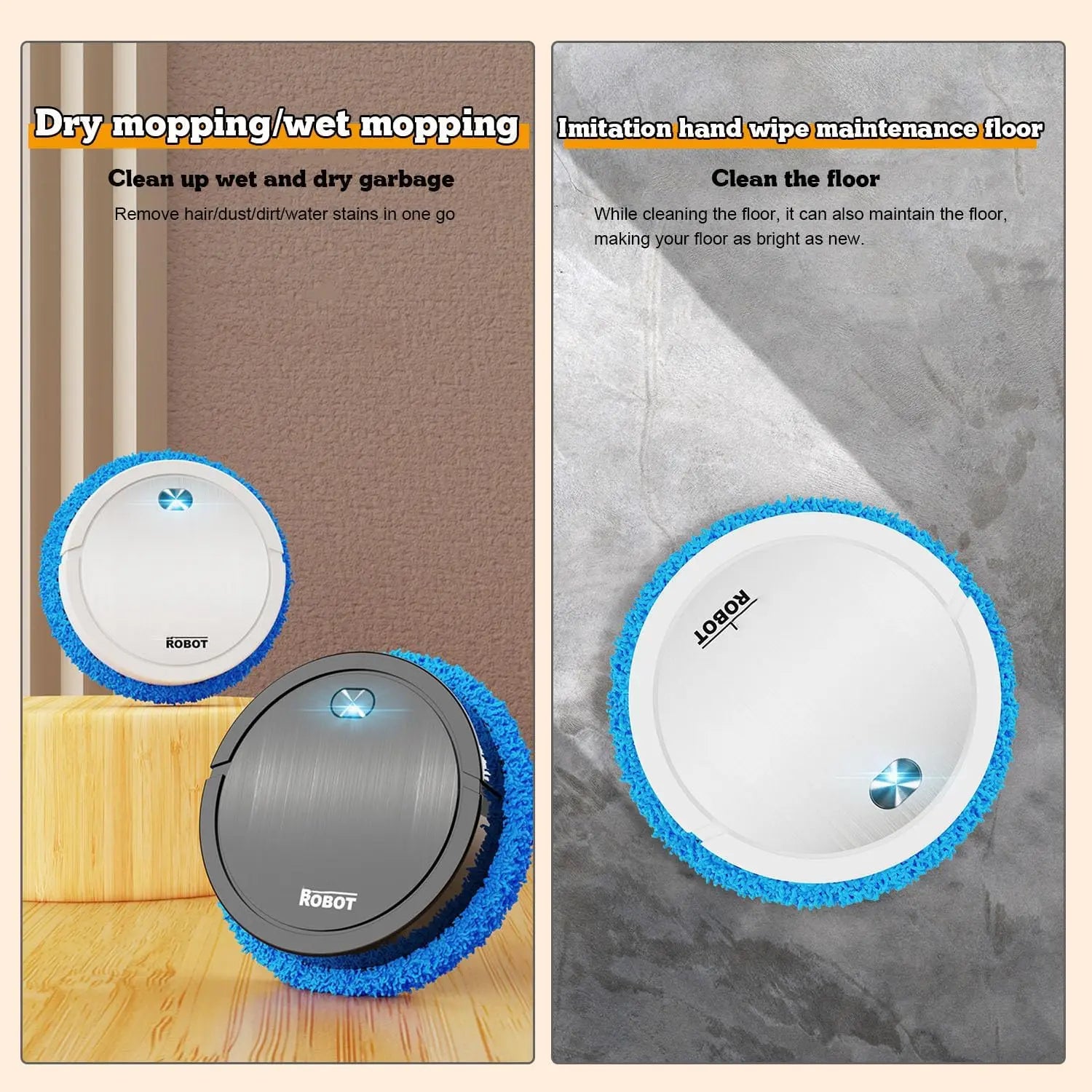 Robotic cleaning device with blue scrubber pads on a wooden floor and marble surface.