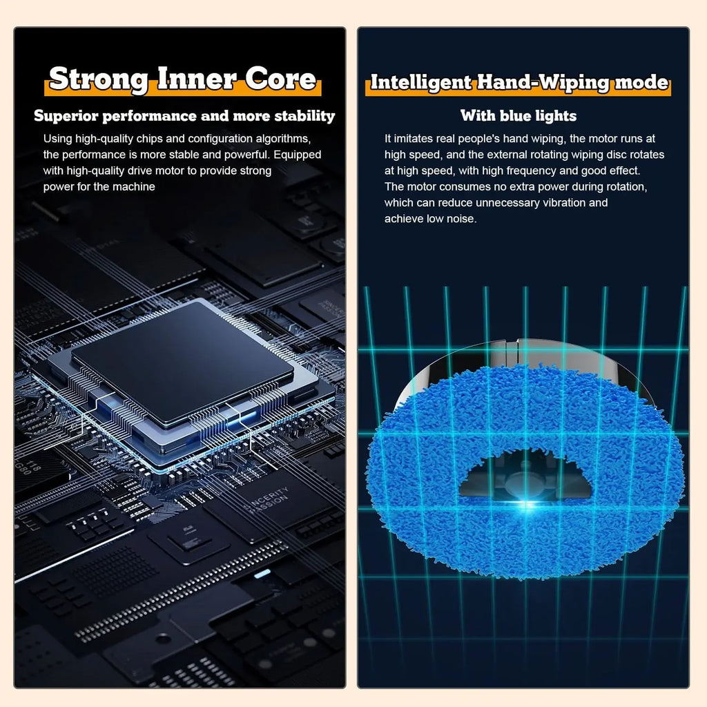 Two technical features of a machine with text and graphics on a dark background.