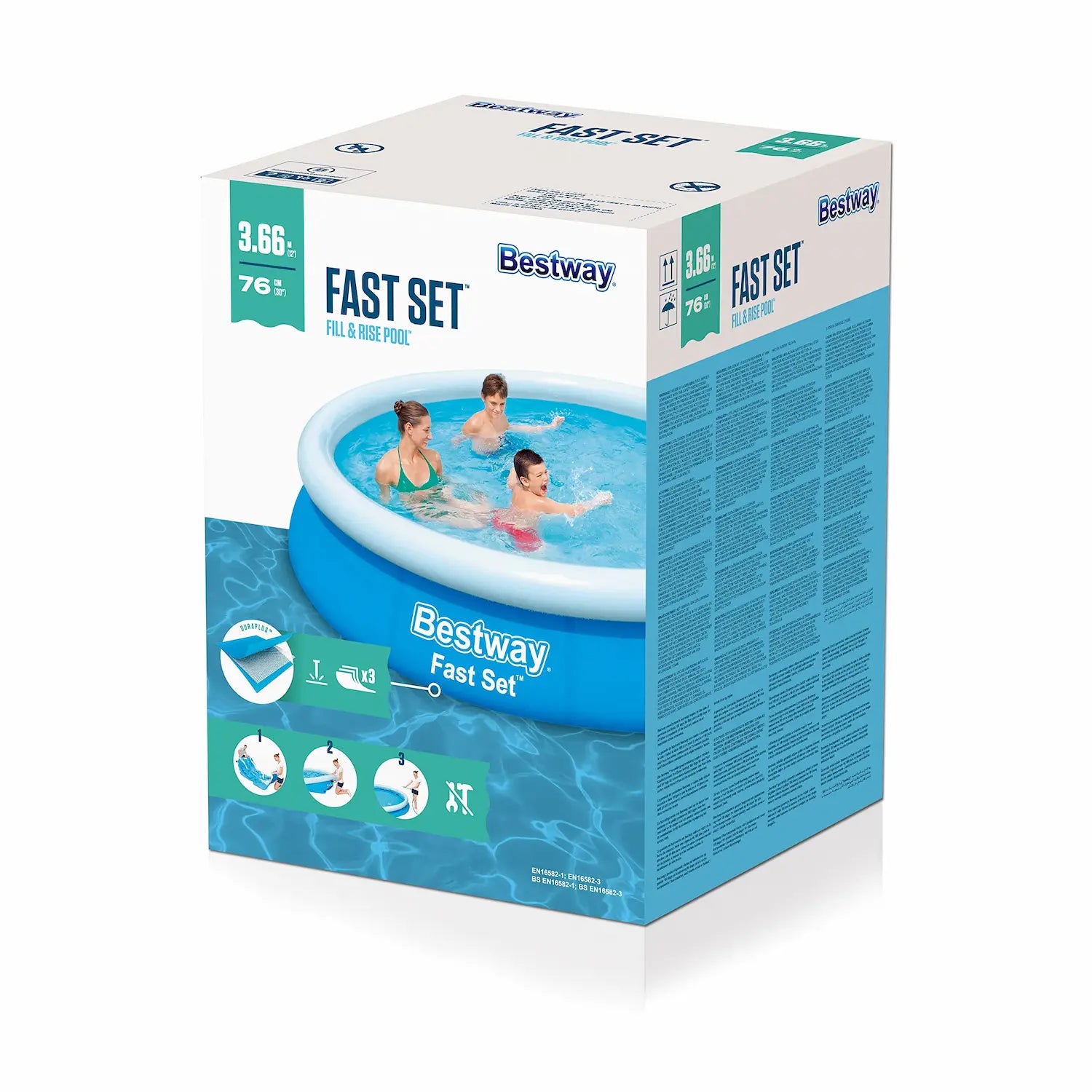 Bestway inflatable pool packaging with family using the pool on a white background