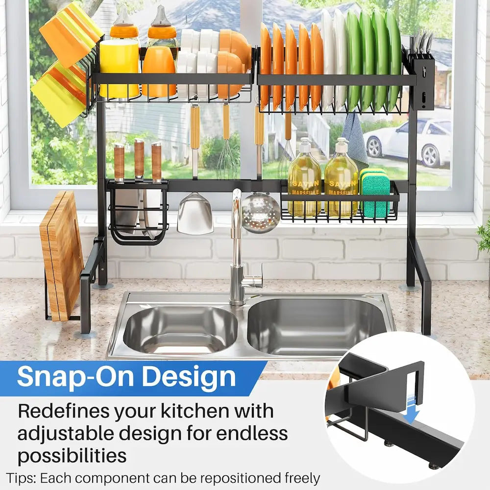 Over-the-sink dish rack with various kitchen items in a kitchen setting