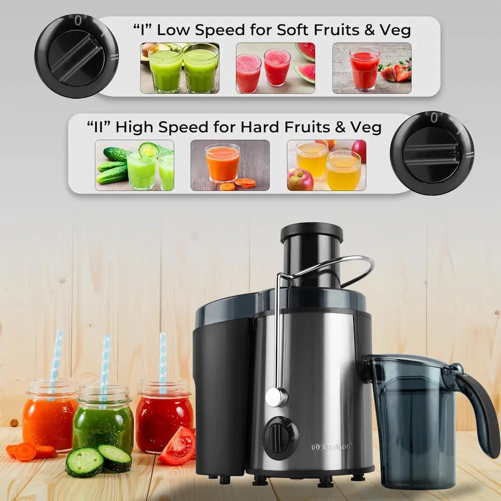 Juicer with speed settings for fruits and vegetables on a wooden background