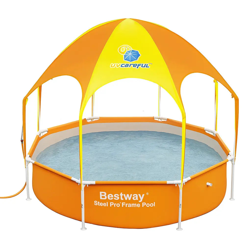 Orange and yellow Bestway Steel Pro Frame Pool with canopy on a white background