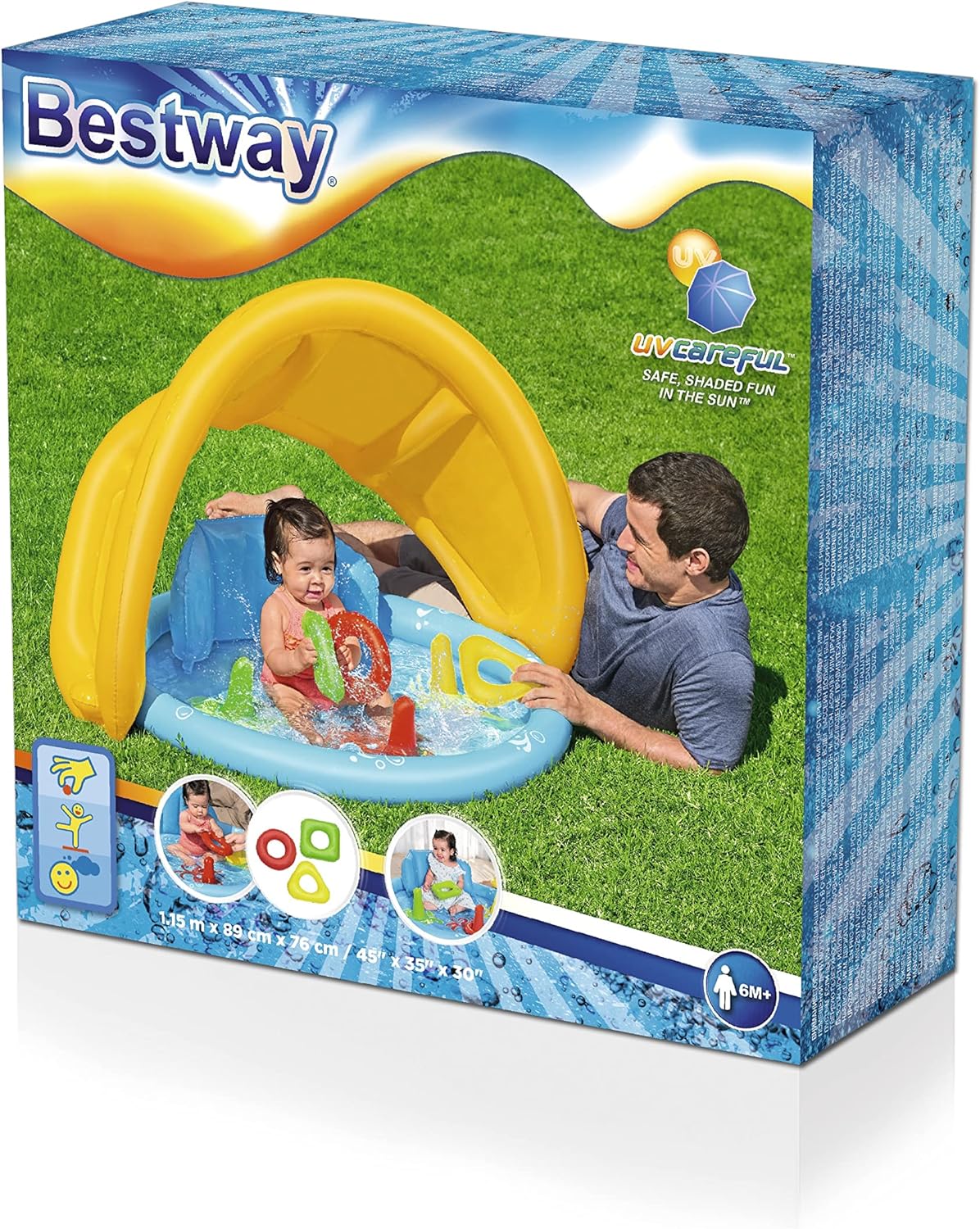 Bestway inflatable play center for children with a man and child playing in the grass.