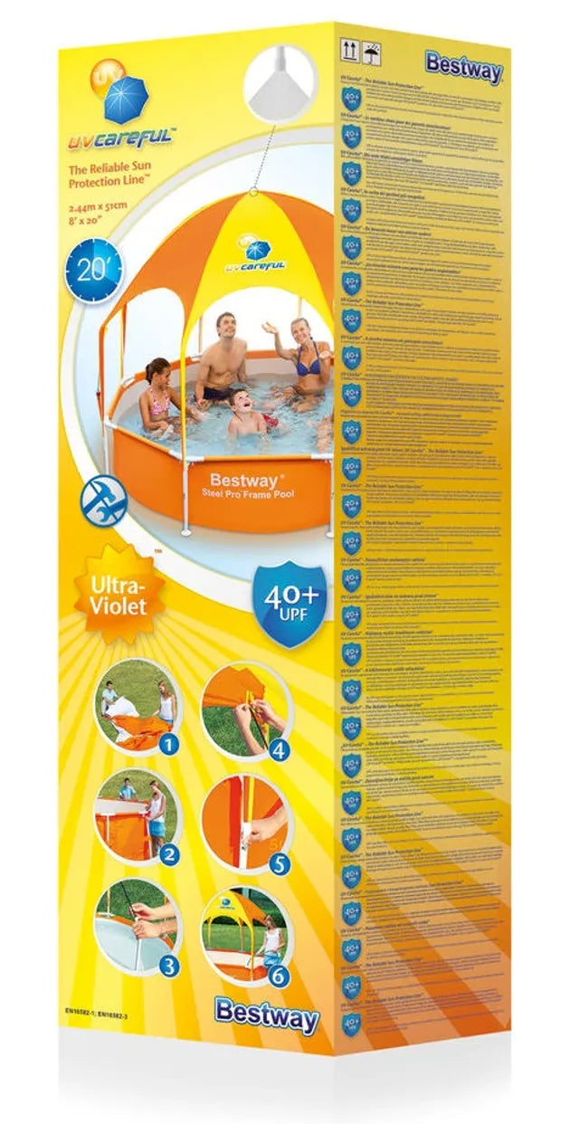 Box of Bestway inflatable pool with family usage illustration on a white background