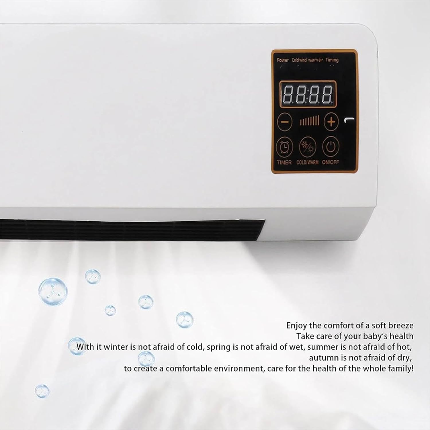 White air conditioner with digital control panel on a white background
