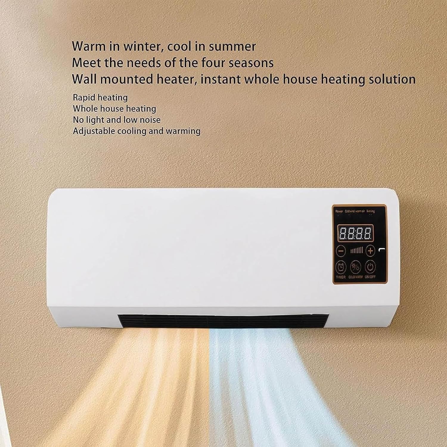 Wall-mounted heater with digital display on a beige wall, emitting heat.