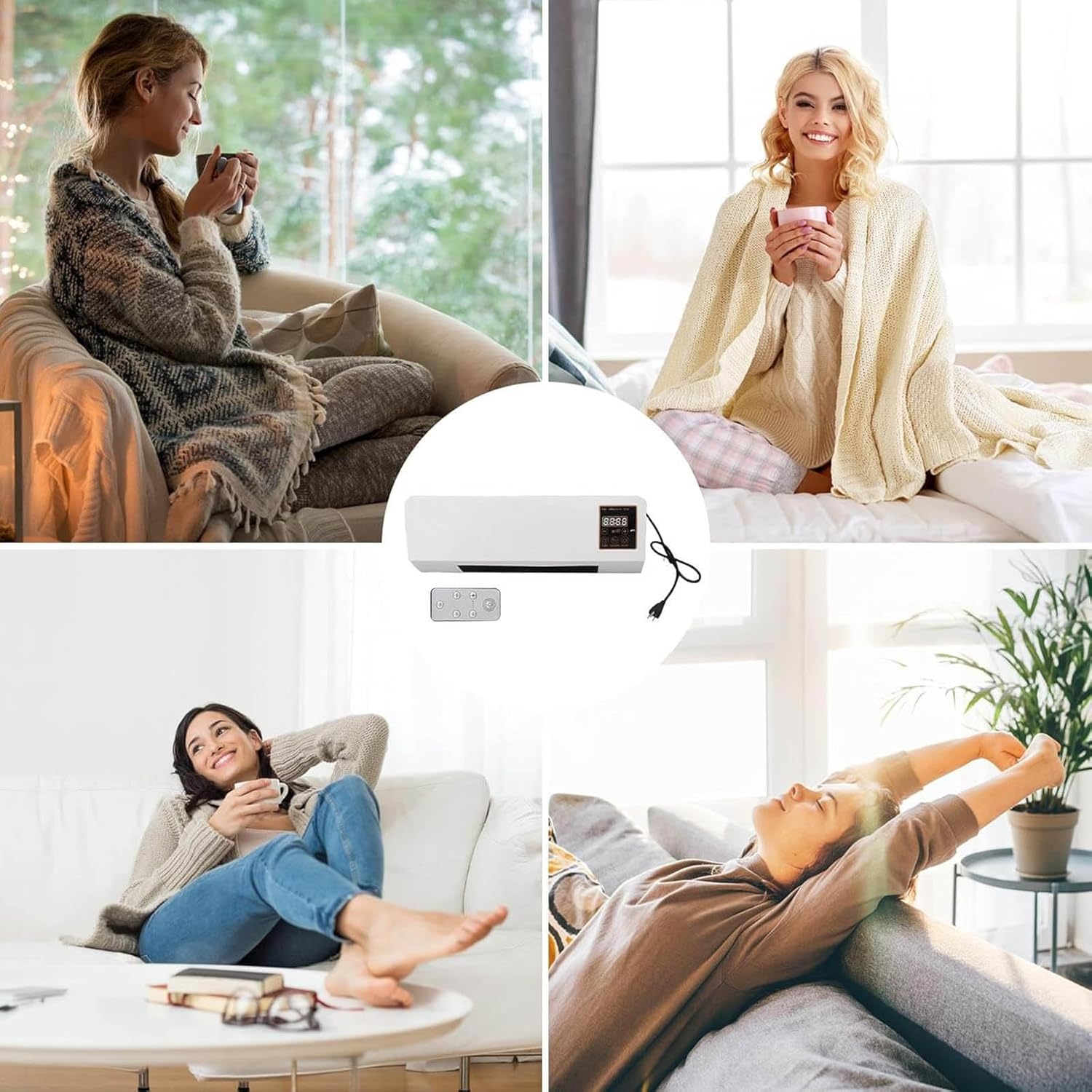 Woman relaxing on a couch with a blanket and a device on a table.