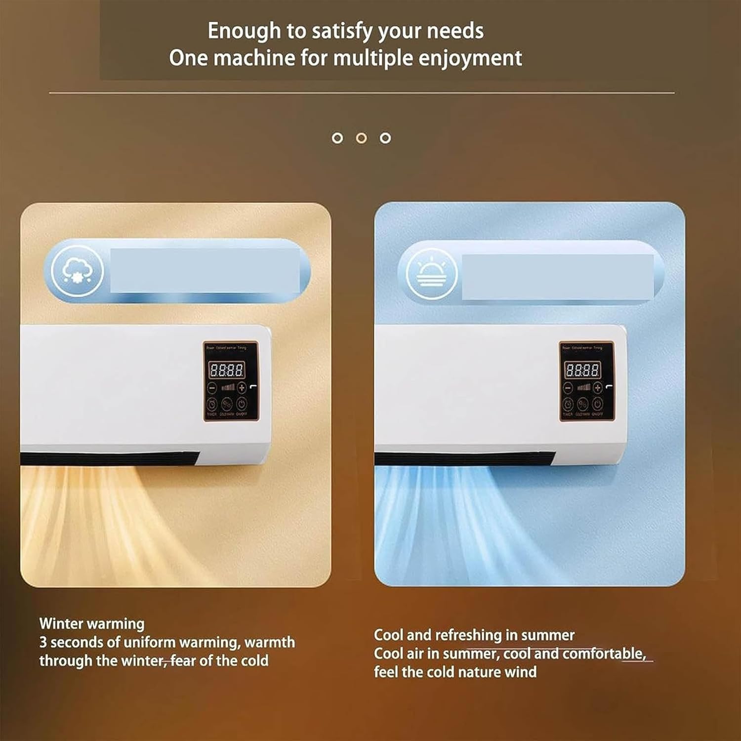 Two air conditioning units on a brown background with text describing their functions.