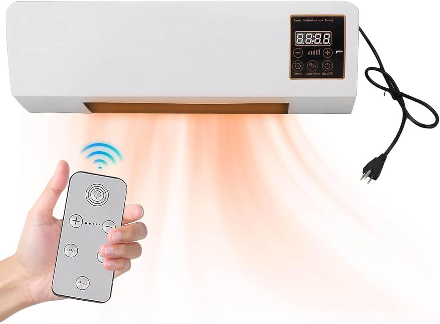 Wall-mounted electric heater with remote control and power cord on a white background
