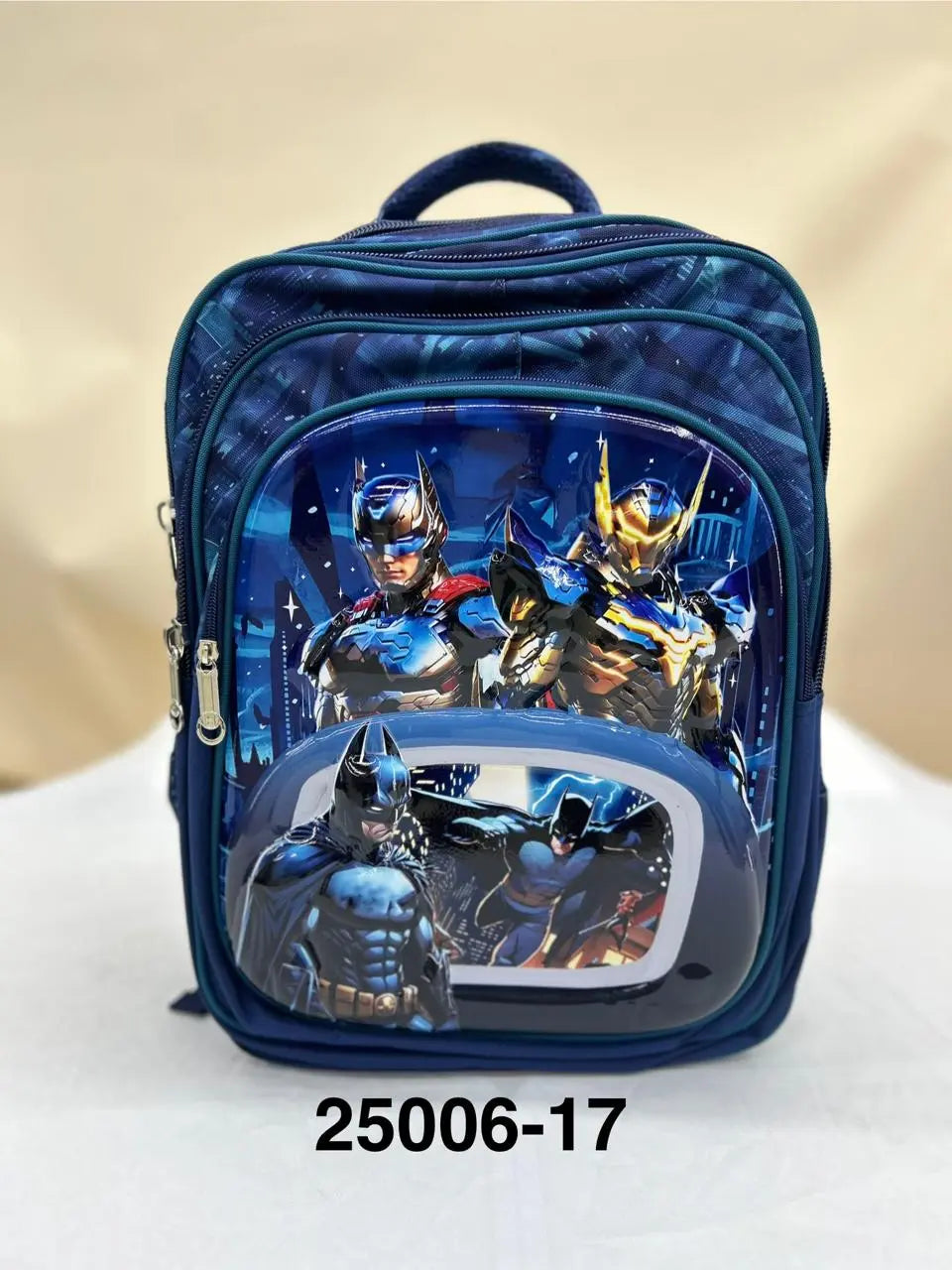 Blue backpack with superhero design on a beige background