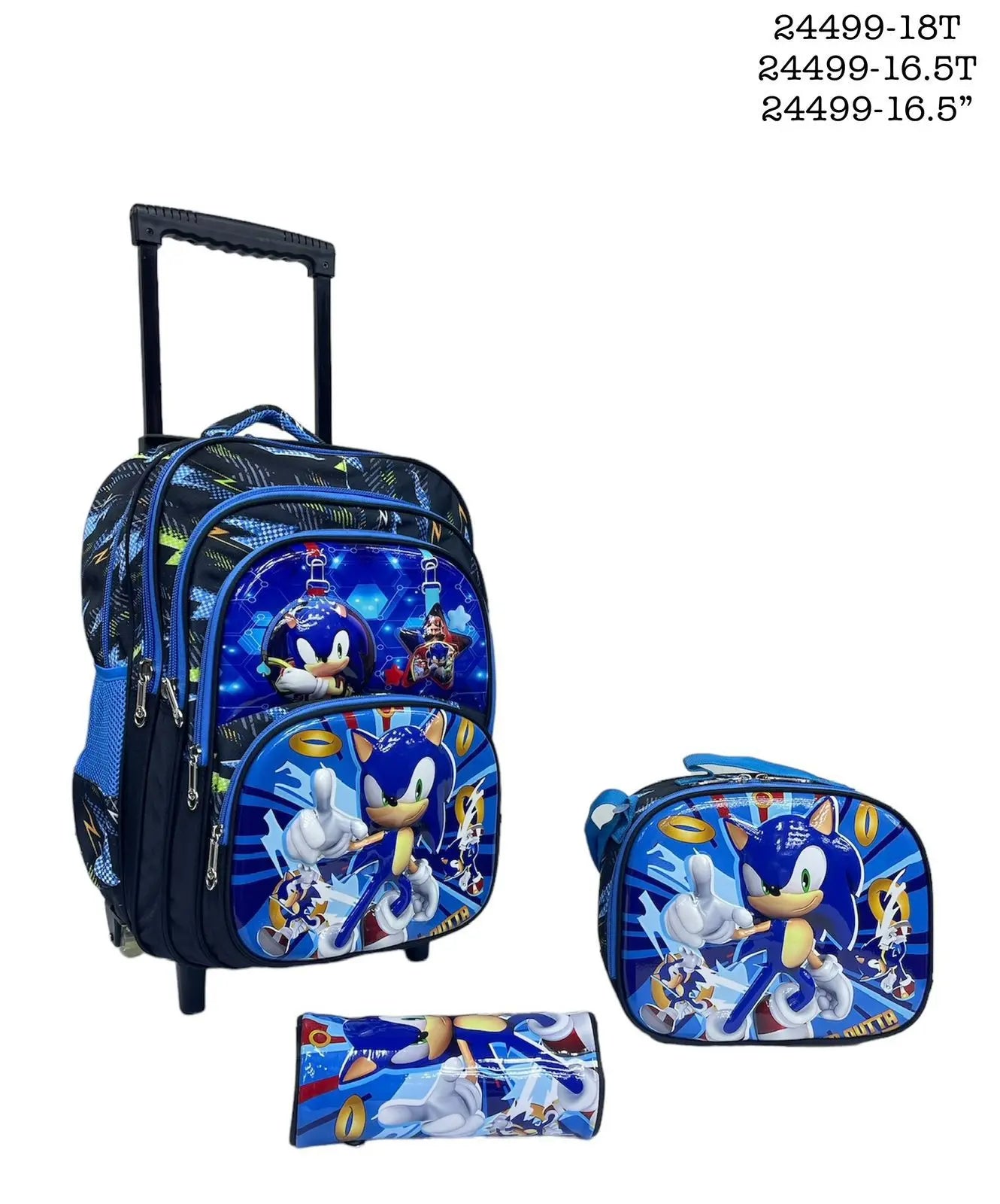 Sonic the Hedgehog-themed luggage set with backpack, rolling suitcase, and lunch bag on a white background.