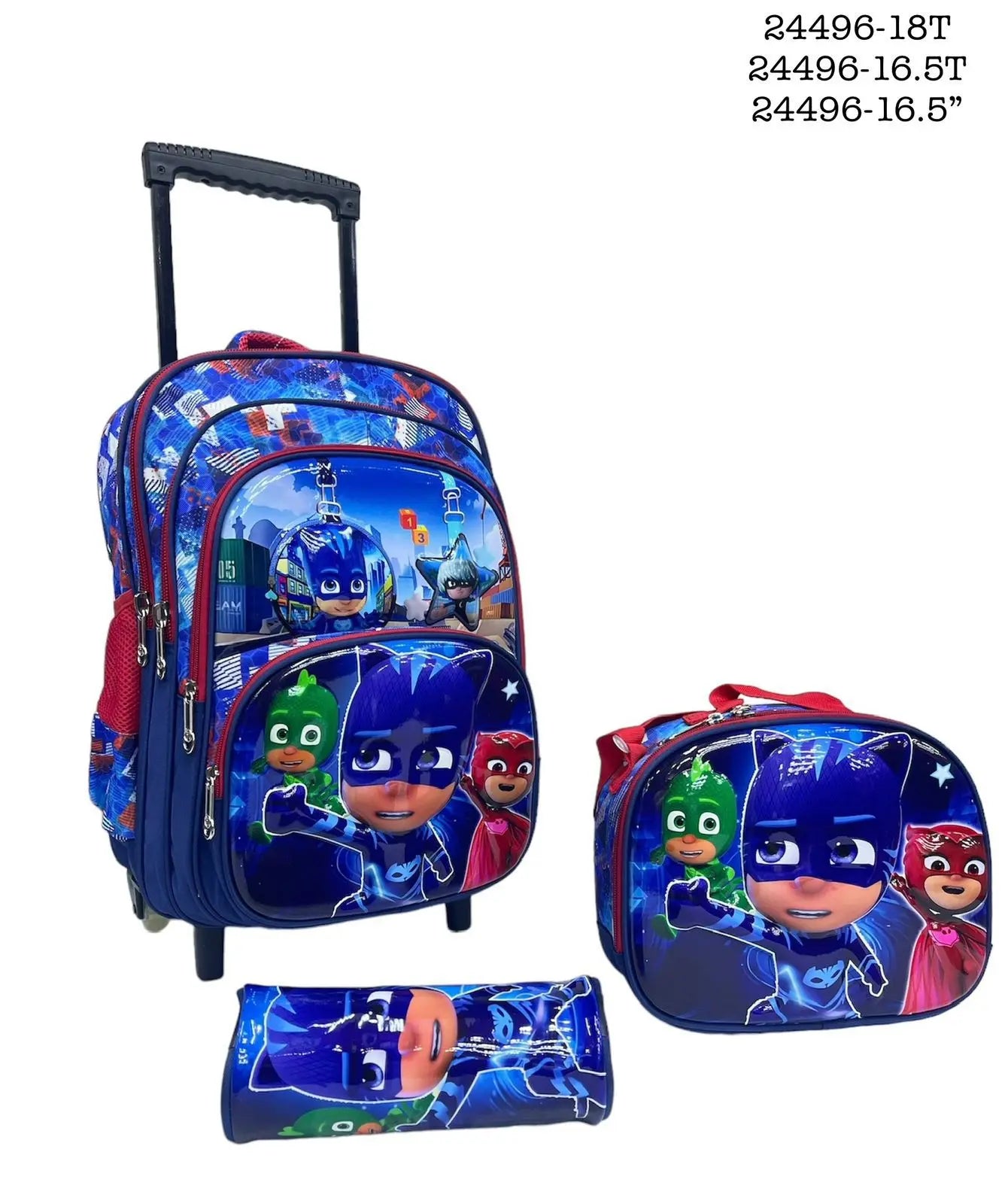 Set of children's backpack with wheels, lunch bag, and pencil case featuring superhero design on a white background.