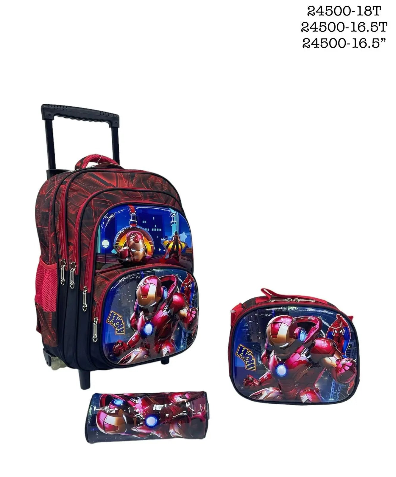 Backpack with wheels, lunch bag, and pencil case featuring superhero design on a white background.