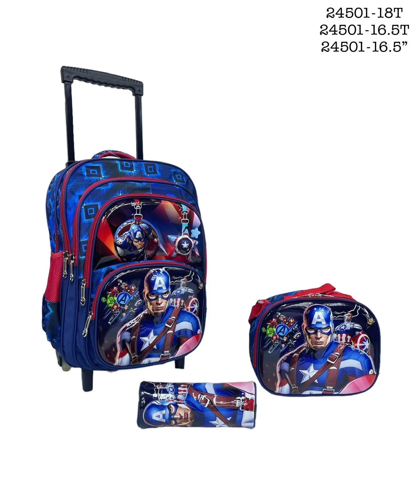 Captain America-themed luggage set with backpack, rolling suitcase, and pencil case on a white background.