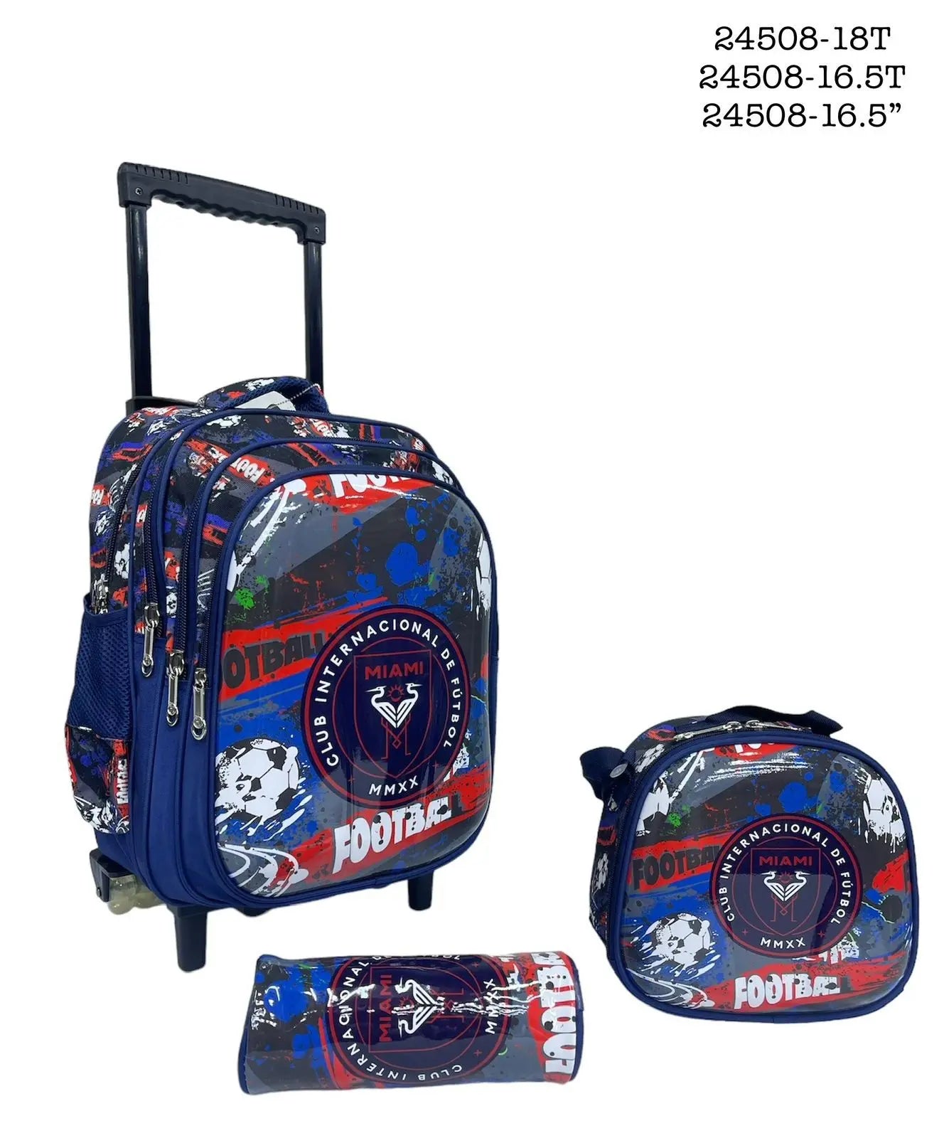 Backpack with wheels, lunch bag, and smaller pouch with sports-themed design on a white background.