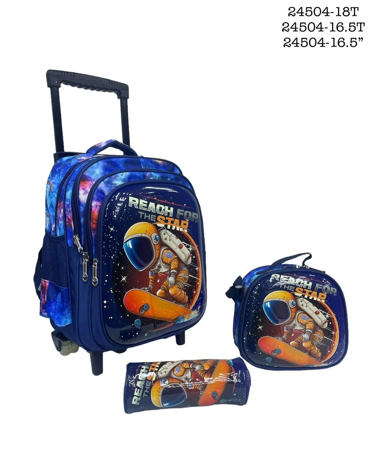 Children's backpack set with rolling suitcase, lunch bag, and water bottle on a white background