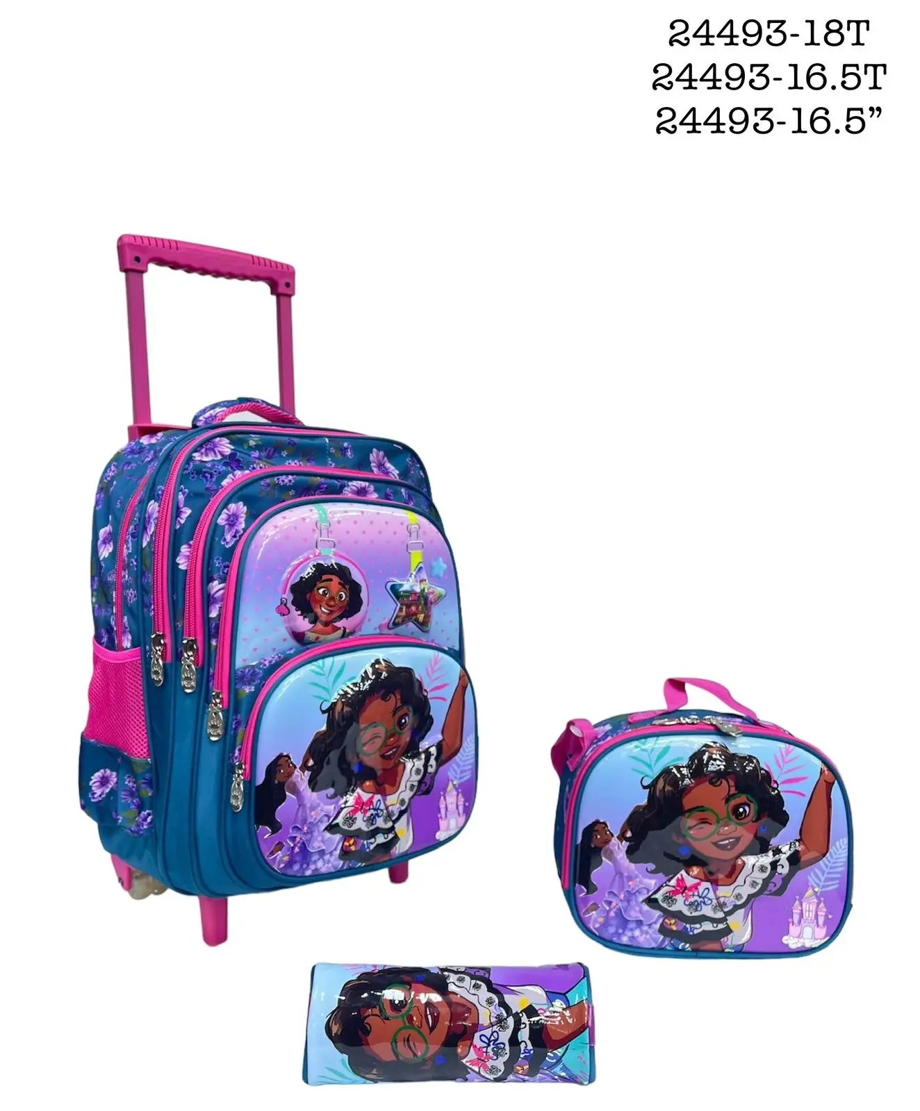 Children's backpack with wheels and lunch bag featuring a character on a white background