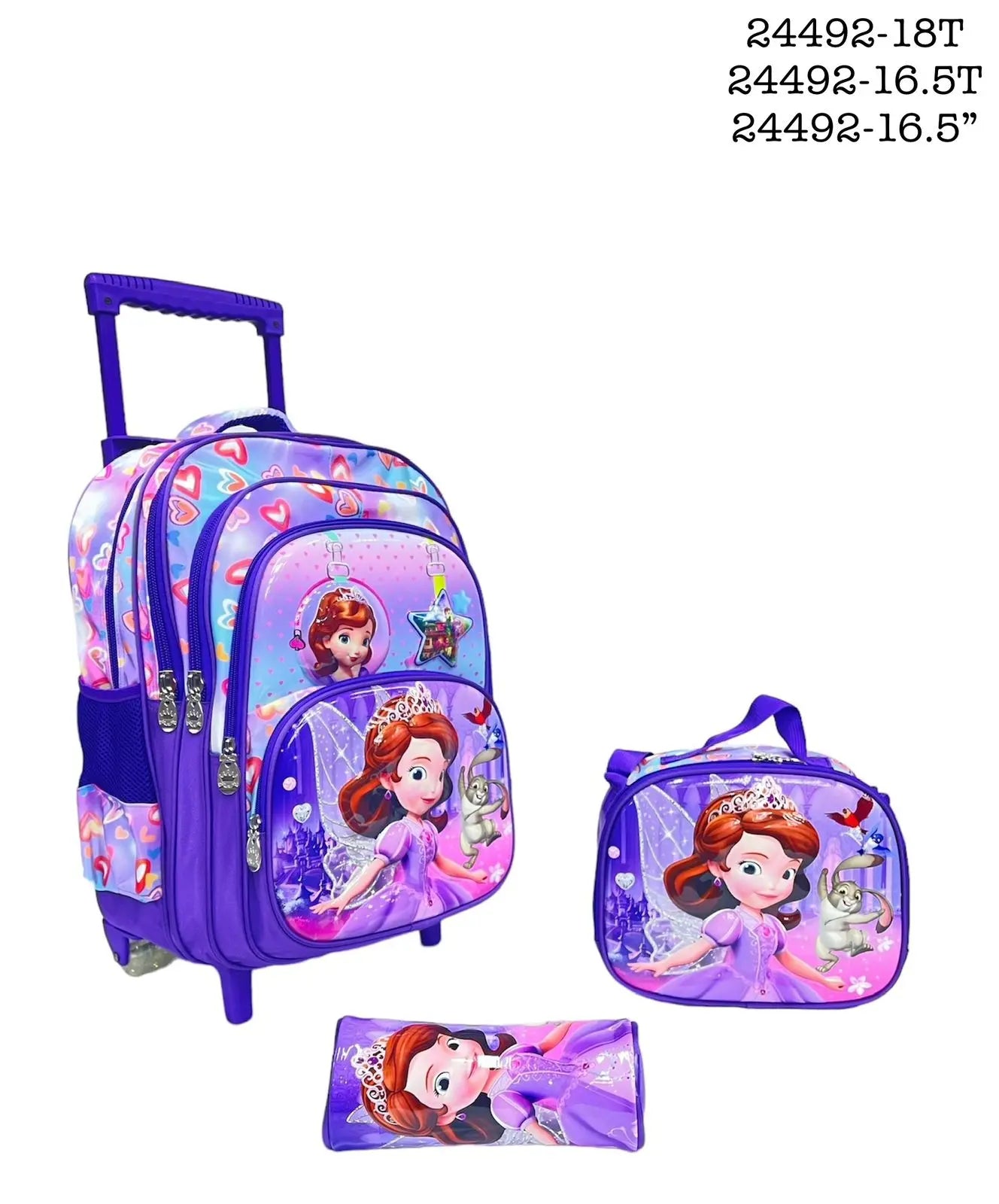 Purple children's backpack with Sofia the First design on a white background