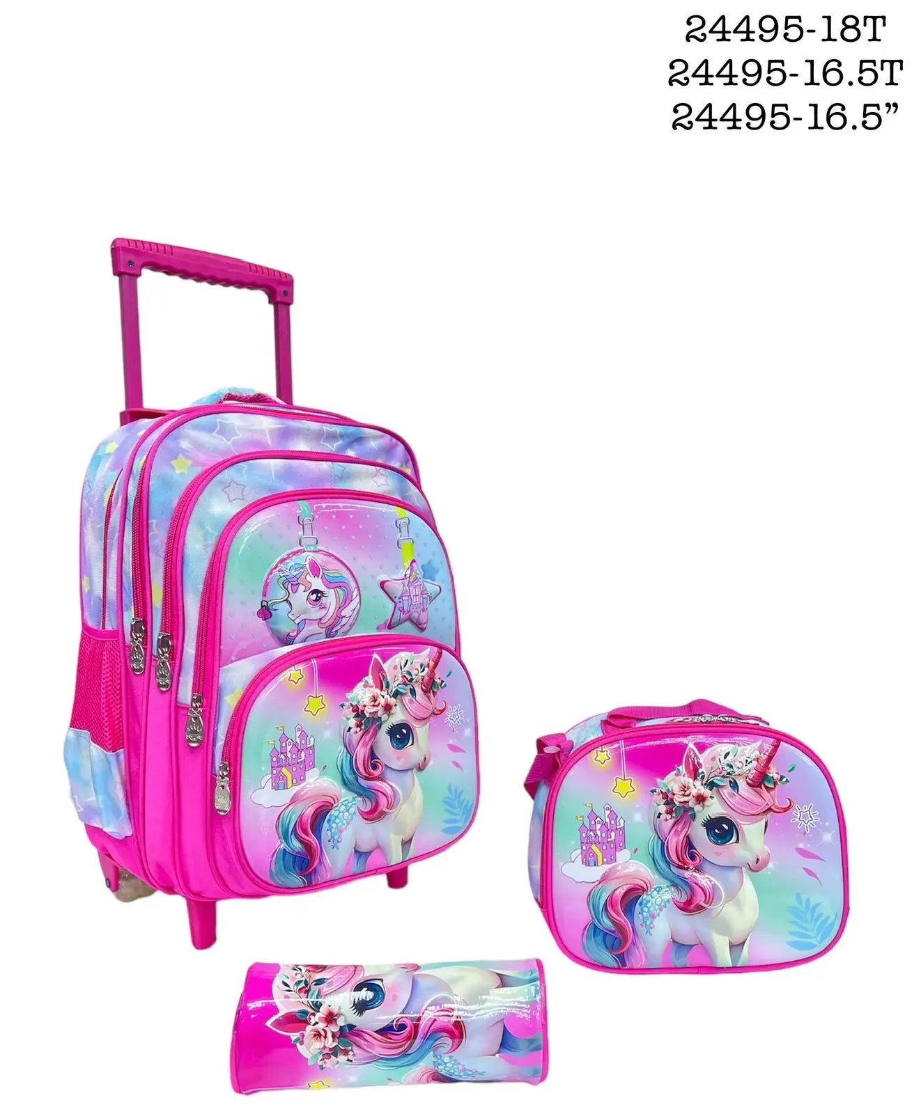 Children's backpack with wheels, lunch bag, and pencil case featuring a unicorn design on a white background.
