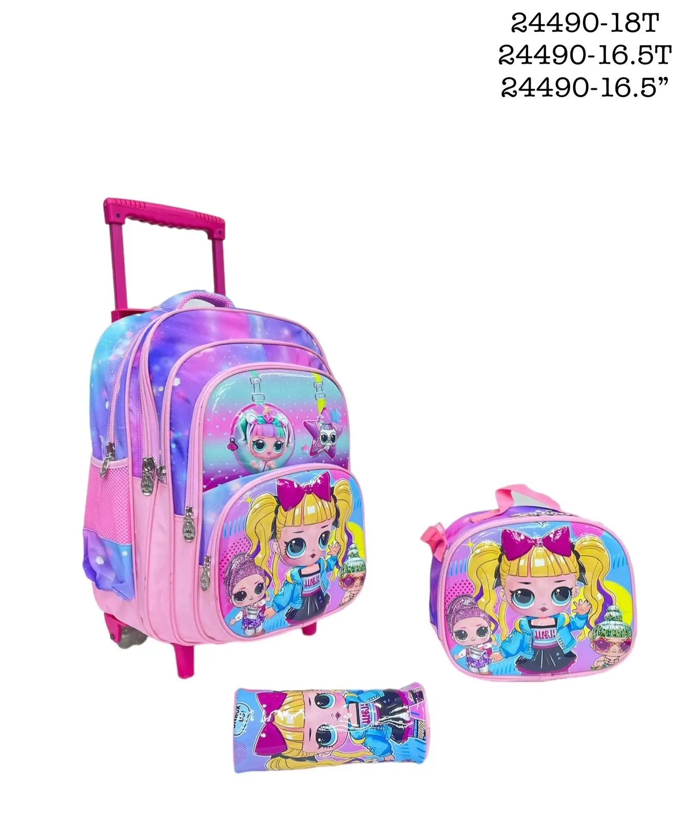Children's backpack with wheels and lunch bag featuring cartoon character on a white background