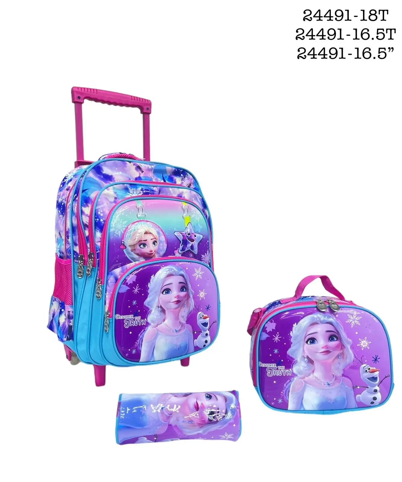 Frozen-themed school bag set with trolley, lunch box, and pouch on a white background
