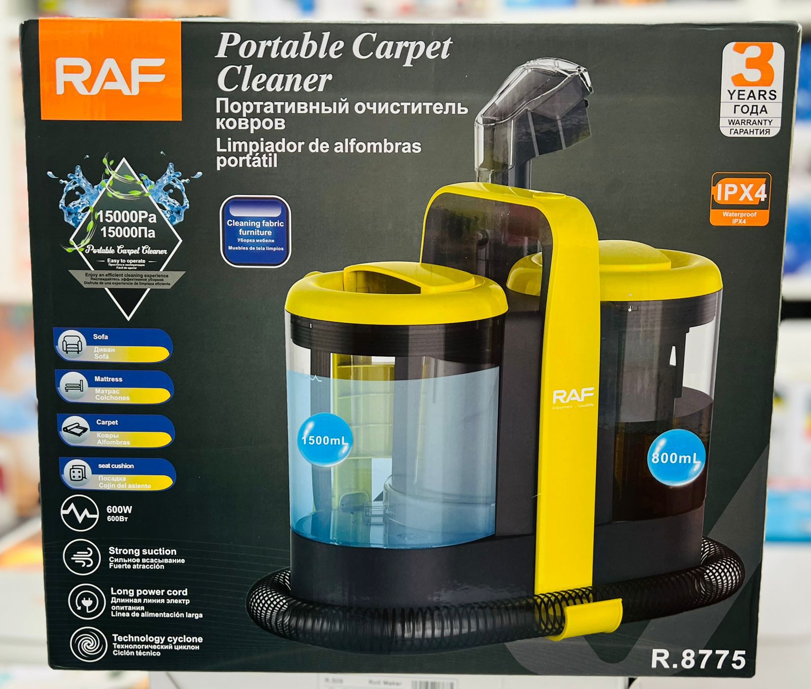 RAF Portable Carpet Cleaner packaging with product image and branding on a black background