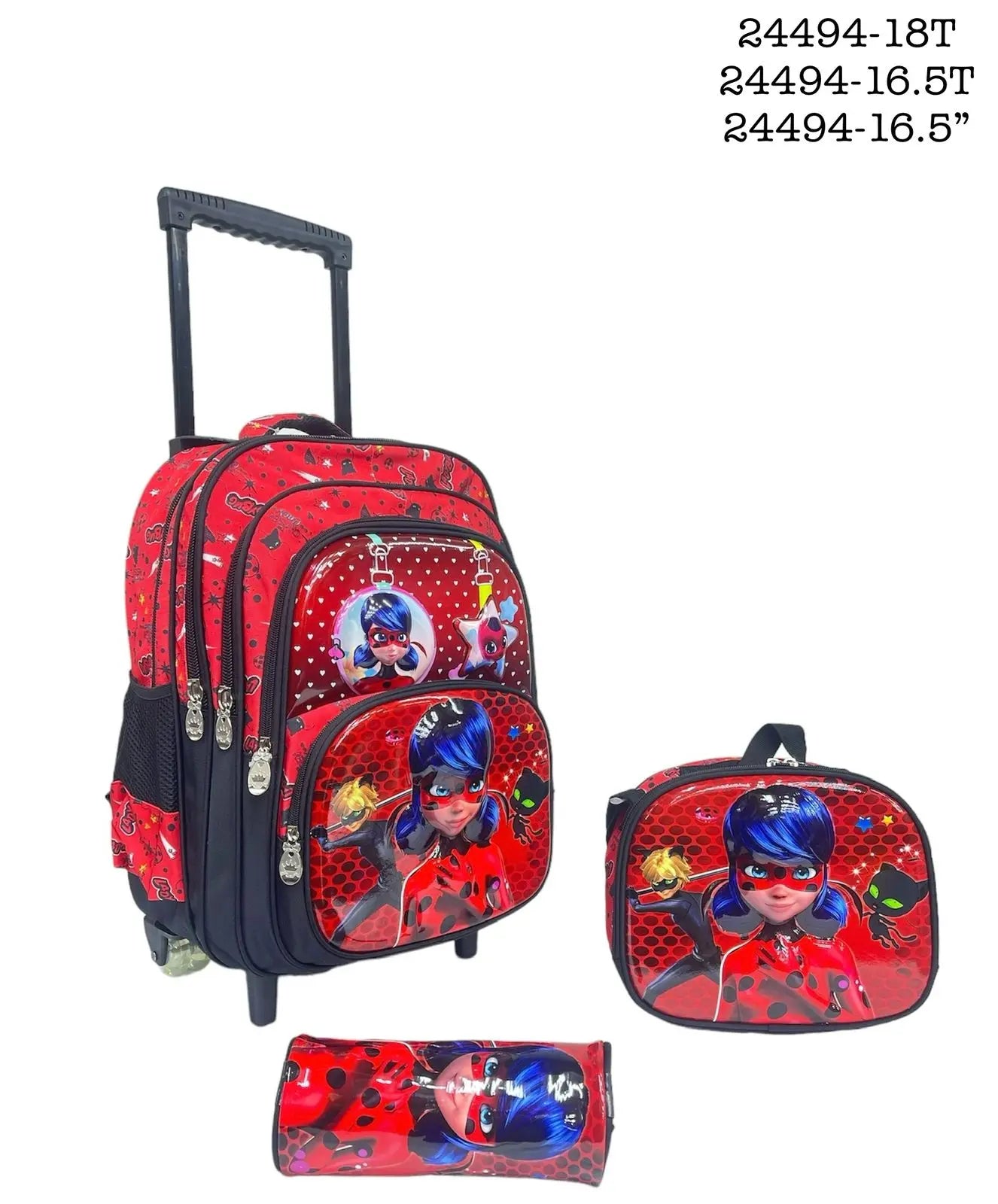 Red school bag set with character design on a white background