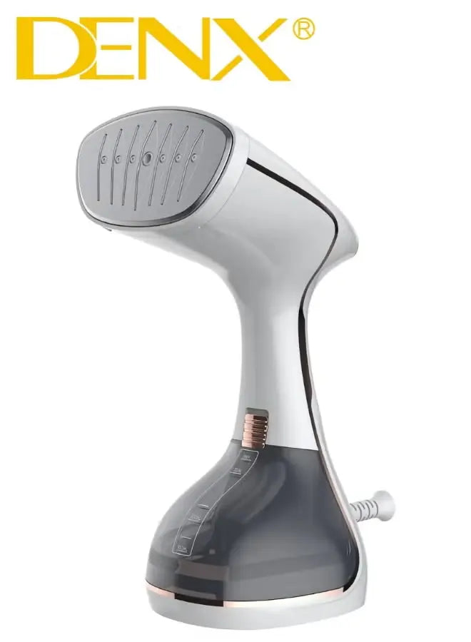 Gray and white handheld steamer with DENX branding on a white background